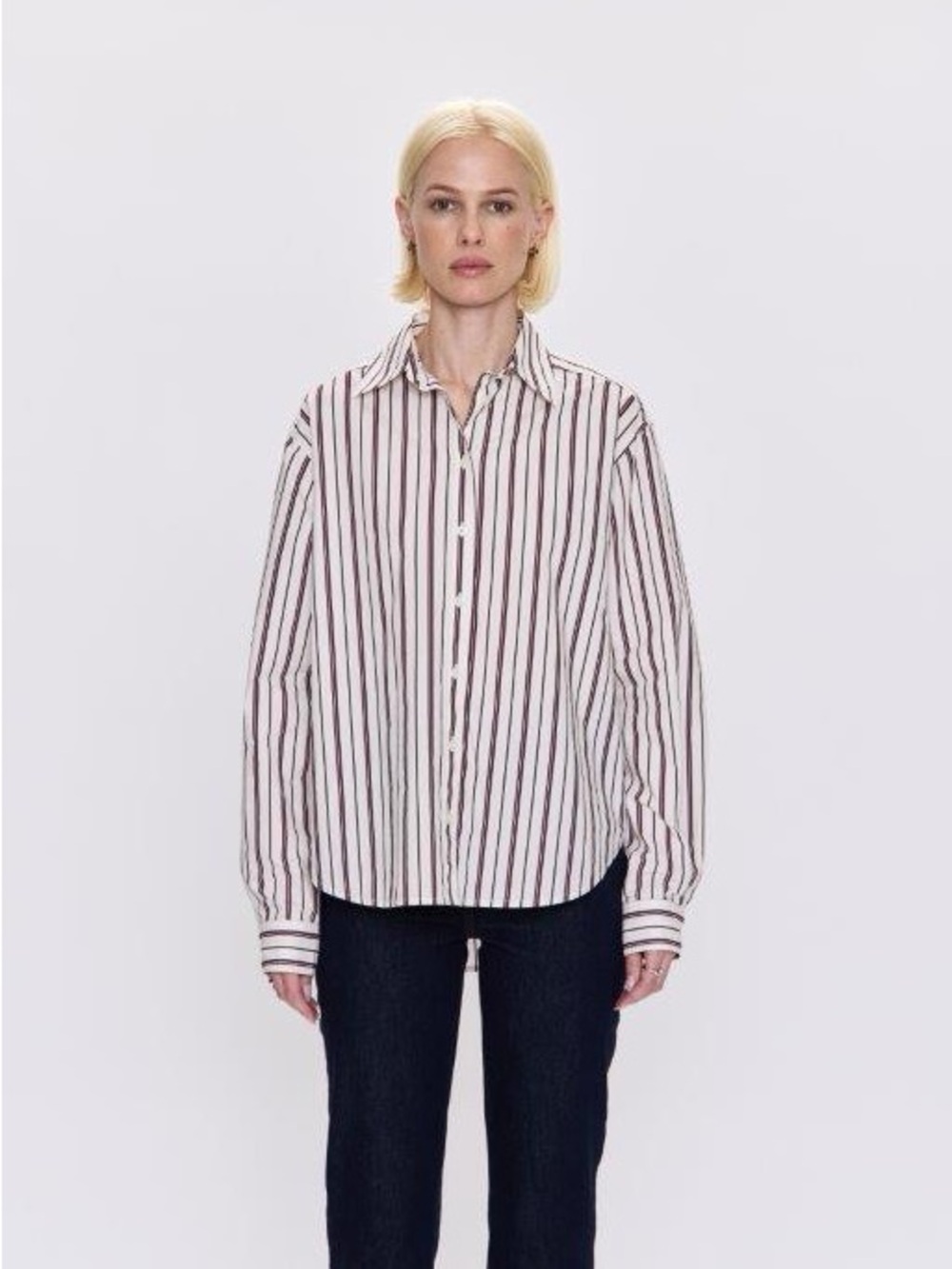 Striped Button-Up Shirt in White and Burgundy